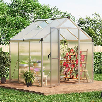 6X6 Ft Polycarbonate Greenhouse Sunroom with Aluminum Frame, Outdoor Greenhouse for Vegetables Herbs Flowers, Lockable Door & Adjustable Roof Vent, Patio Backyard Greenhouse Kit for Gardening, Silver