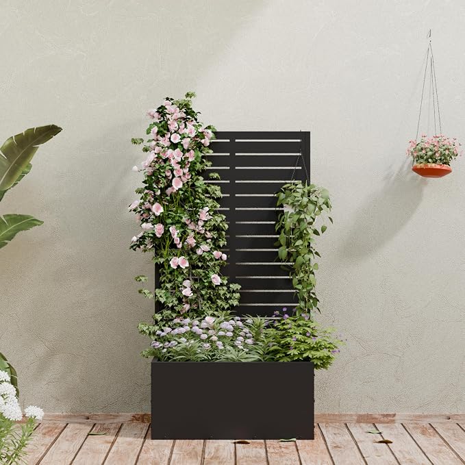 Casaphoria Metal Raised Garden Bed, 47"x24"x12" Planter Box for Climbing Plants, Vegetables & Vines, Features Drainage Holes and Privacy Screen (Black-Louvered)