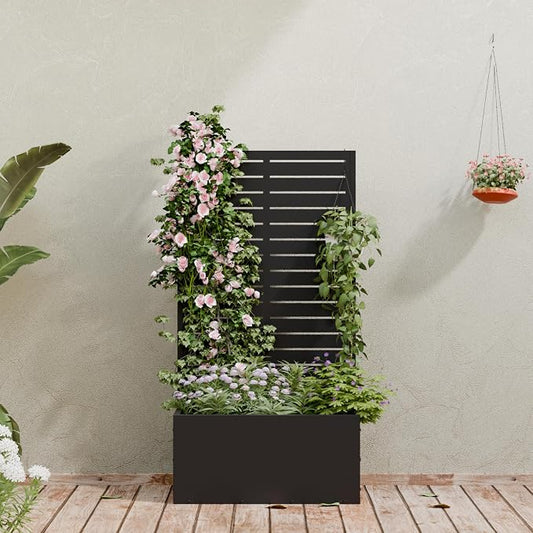 Casaphoria Metal Raised Garden Bed, 47"x24"x12" Planter Box for Climbing Plants, Vegetables & Vines, Features Drainage Holes and Privacy Screen (Black-Louvered)