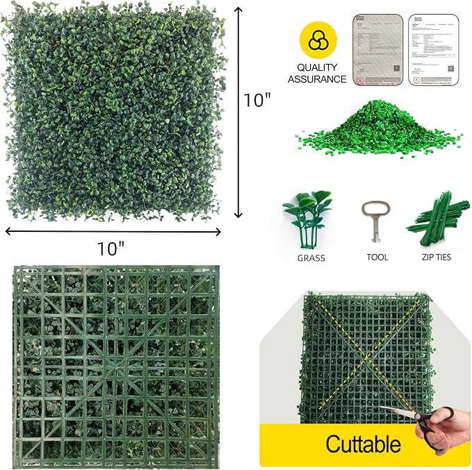 Artificial Grass Wall Panels 12 Pcs 10"x10" Greenery Wall Decor | Boxwood Panels Small Grass Wall Apartment Balcony Fake Hedge for Indoor Outdoor. Zero Maintenance Greenery Wall Backdrop.