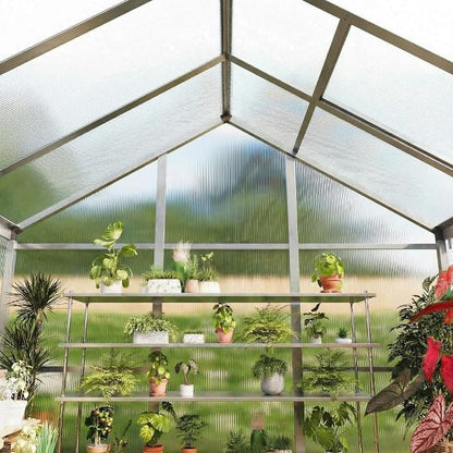 Garvee 8x12ft Walk-in Greenhouse, Heavy Duty Large Outdoor Green House | Polycarbonate Garden Greenhouse with Roof Vent, Lockable Outward-Opening Swing Door & Aluminium Frame for Backyard, Sliver