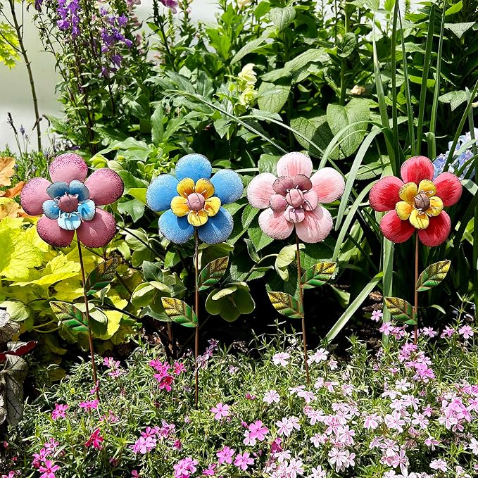 4pack Metal Flower Garden Stake for Spring Decor, 16" H Rustic Flowers Picks Garden Decor for Outside, Floral Yard Art Ornament for Patio Lawn Pot Pathway Decorations