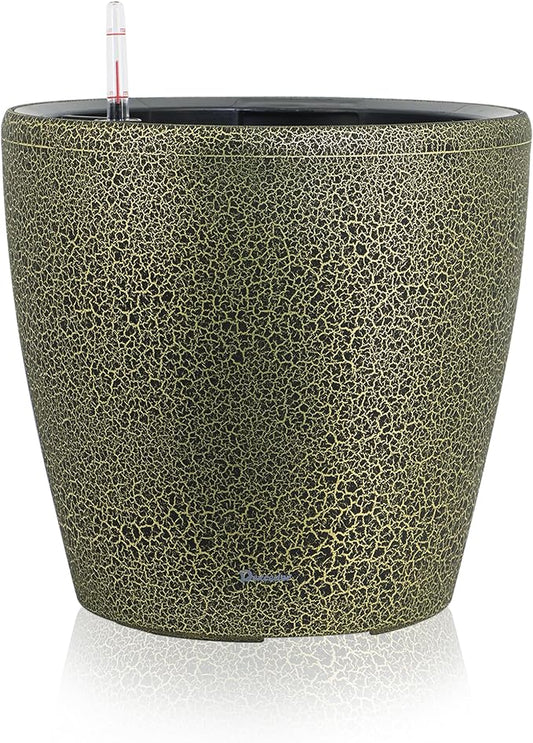 Dexceder 13x12 Self Watering Planter with Wheels (Black Gold Crackle) | Inner Pot Design, Thickened Large Floor Standing Flower Plant Pot with Water Level Indicator Indoor Outdoor