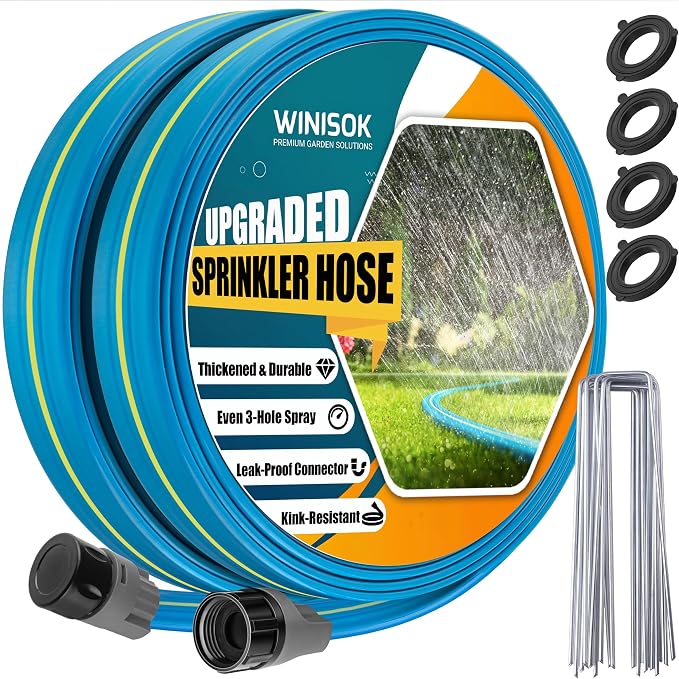 Winisok Upgrade Flat Sprinkler Soaker Hose for Garden, Heavy Duty 3-Tube Lawn Irrigation Hose with Landscape Stakes, No-Kink Flexible Watering Hose for Yard, Plants (25FT)