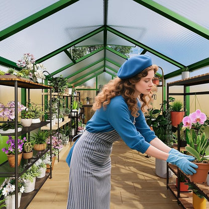 8x12 FT Greenhouse, Easy Assembly Aluminum Polycarbonate Greenhouses for Outdoors with Roof Vent, Large Aluminum Walk-in Greenhouse for Sunroom Patio, Backyard, Garden, Sliding Lockable Door, Green