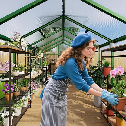8 x 12 FT Greenhouse, Outdoor Sliding Door, Polycarbonate Greenhouse with Aluminum Frame, Lockable Door and Ajustable Roof Vent for Backyard, Outside Garden Backyard, Patio, Green