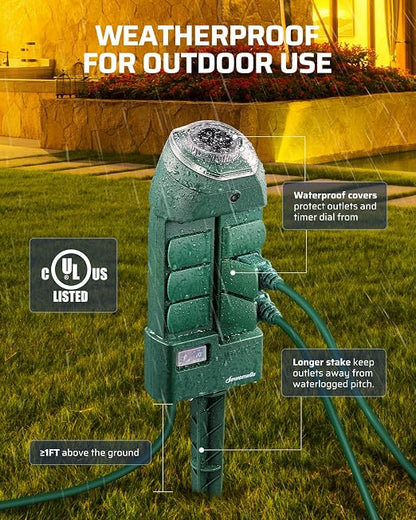 DEWENWILS Outdoor Power Strip Timer with Photocell, 6 Outlets 10ft Cord | Waterproof Countdown Light Control, Dusk to Dawn Timer, Works for Garden, Yard, Patio Lights, Decoration, 1875W/15A UL Listed