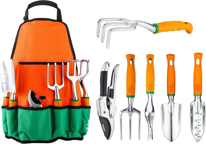 Ukoke UGP01G-7 Outdoor Tool, Heavy Duty Work Ergonomic Handle, for Women Men Set, 7 Piece Aluminum Kit, Garden Canvas Apron with Storage Pock, Orange