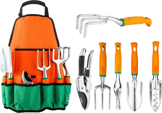 Ukoke UGP01G-7 Outdoor Tool, Heavy Duty Work Ergonomic Handle, for Women Men Set, 7 Piece Aluminum Kit, Garden Canvas Apron with Storage Pock, Orange