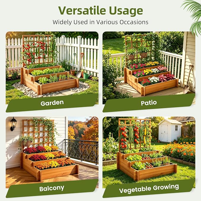 43" 3-Tier Fir Wood Raised Garden Bed with Trellis for Vegetables | Fir wood raised bed with trellis, non-woven liners, and 3 growing tiers for climbing veggies, herbs, flowers, or vines