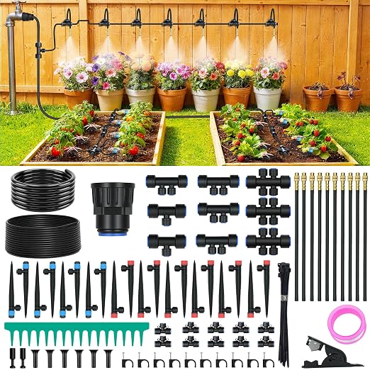 100FT Drip Irrigation Kit, Automatic Garden Watering System with Quick Connect PE Tubing, 2026 New Upgraded Water-Saving Design, 3 Adjustable Nozzles for Yard, Greenhouse, Lawn & Raised Bed