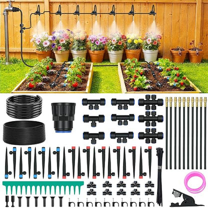 100FT Drip Irrigation Kit, Automatic Garden Watering System with Quick Connect PE Tubing, 2026 New Upgraded Water-Saving Design, 3 Adjustable Nozzles for Yard, Greenhouse, Lawn & Raised Bed