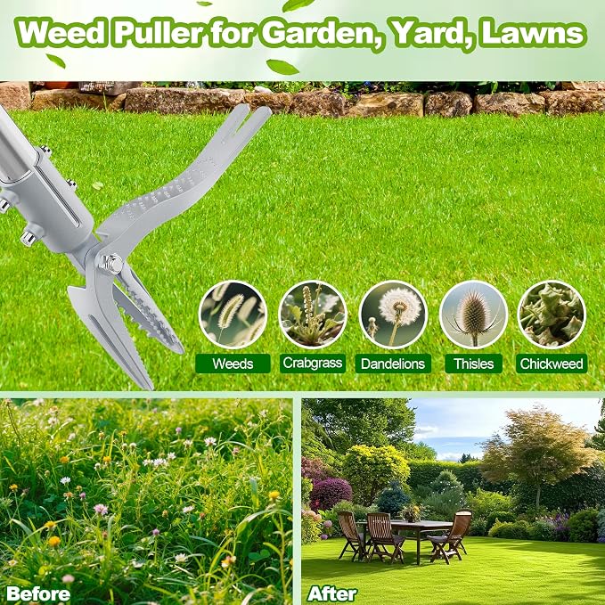 Weed Puller Tool with Gloves, Long Handle Stand Up Weed Tool, Heavy Duty Weeder Remover Tool with 4 Claw Steel Head for Garden, Yard, Lawns, Sidewalk (43")