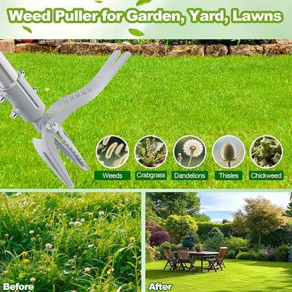 Weed Puller Tool with Gloves, Long Handle Stand Up Weed Tool, Heavy Duty Weeder Remover Tool with 4 Claw Steel Head for Garden, Yard, Lawns, Sidewalk (43")