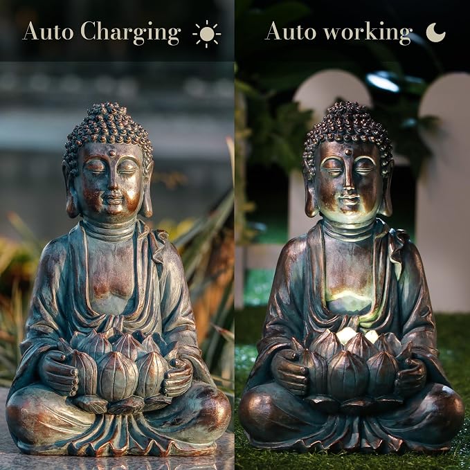 TERESA'S COLLECTIONS Meditating Buddha Statue for Garden Decor with Outdoor Solar Lights, Large Resin Outdoor Decor Garden Statue Sculpture for Home Lawn Yard Decor Gifts for Mom, 7.1''
