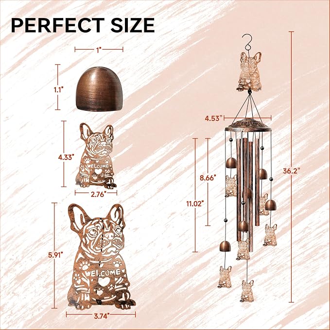 36" French Bulldog Wind Chimes Outdoor Dog Gifts for Women/Men/Mom/Grandma Birthday Gifts Memorial Gift Metal WindChimes for Outside/Indoors, Home, Lawn, Porch, Patio, Garden Decor, Yard Decorations