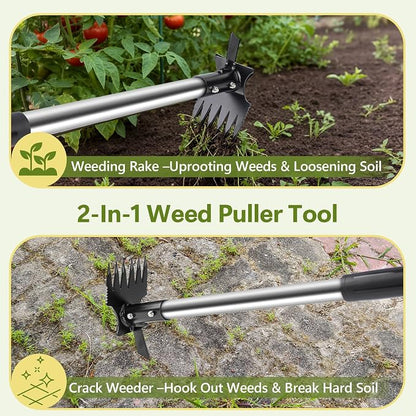 2 in 1 Crack Weeder and Weed Puller Tool with Long Handle - 57" Hand Weed Rake & Crevice Weeding Tool, Manual Weeding Remover Uprooting Garden Tools for Lawn, Yard, Patio and Paver, Sidewalk Cracks