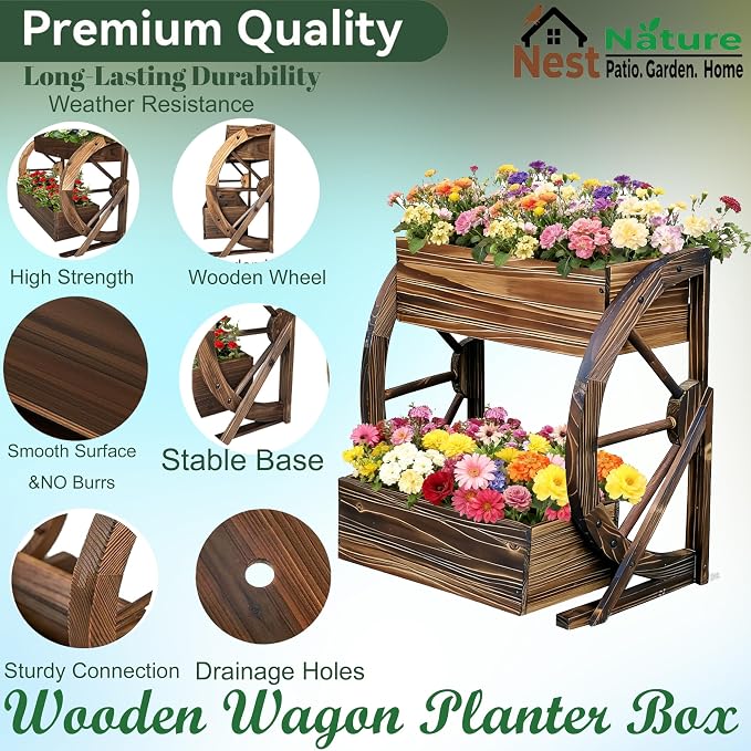NestNature Wooden Wagon Planter Box|Rustic Planter Use On Indoor&Outdoor | 2-Tier Medium Solid Wood Planter-Flower Pot Use On Patio,Porch,Garden-Raised Garden Bed For Succulents, Herbs, Vegetables
