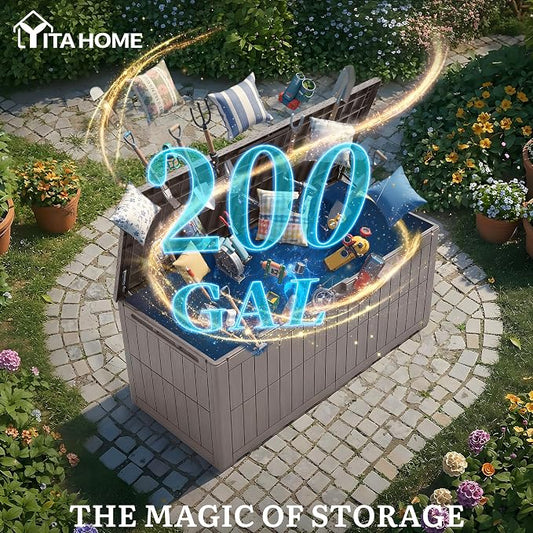 YITAHOME 200 Gallon Large Outdoor Storage Box XL Resin Deck Box with Lock | Waterproof Patio Furniture Bin and 3-Person Bench Seating for Garden Tools & Pool Accessories, Light Brown