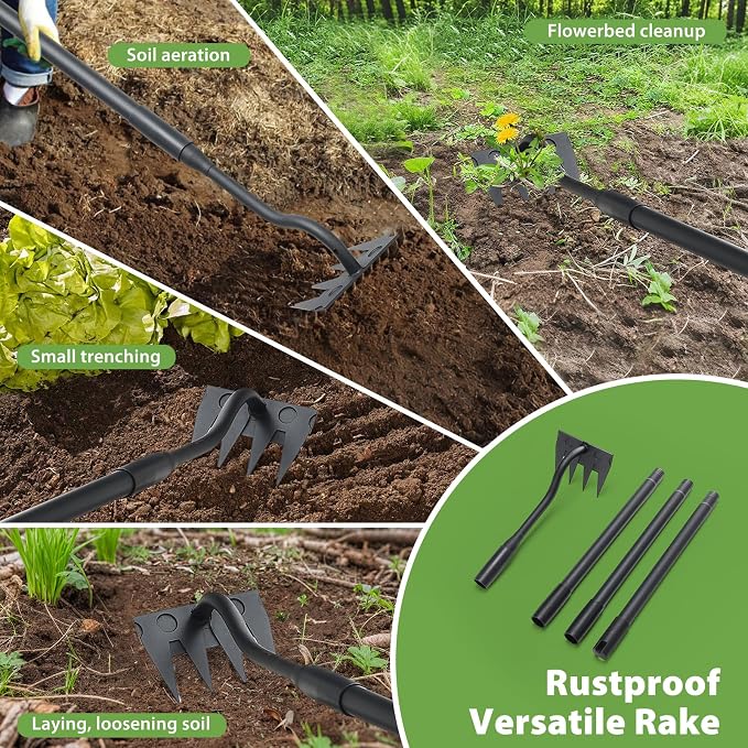 Manual Weeder Tool,4 Tines Garden Weeding Rake with Sharp Blade,55 Inch Long Handle,Heavy Duty Stand Weeding Tool for Weeding Loosening Soil Gathering Leaf Leveling Thatch Rake
