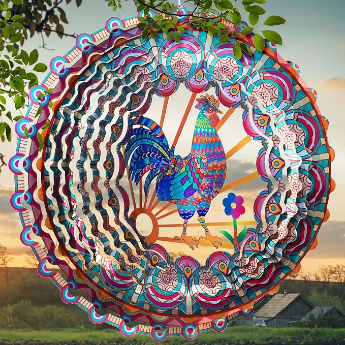 Rooster Kinetic Wind Spinner - 12-Inch 3D Holographic Metal Hanging Sculptures, Rustproof Outdoor Decor Garden Patio Decoration, Unique Gift for Chicken Lovers Mom Dad Men Women