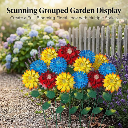 14 Inch Glow in The Dark Flower Garden Stakes, 3 Pack Colorful Metal Yard Decor with Luminous Beads, Outdoor Night Glow Garden Stakes for Lawn, Patio & Flower Beds