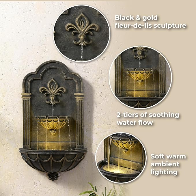 Teamson Home Fleur-de-lis Outdoor Water Fountain, Black & Gold | Warm Glow Lighting, Adjustable Flow, Electric Pump