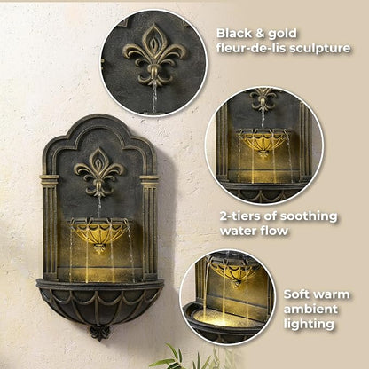 Teamson Home Fleur-de-lis Outdoor Water Fountain, Black & Gold | Warm Glow Lighting, Adjustable Flow, Electric Pump