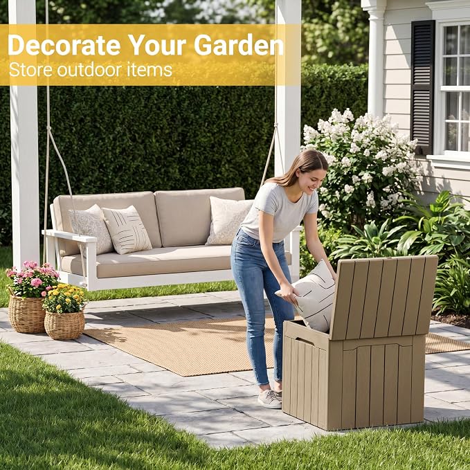 Greesum 33 Gallon Resin Deck Box All Weather Outdoor Storage Boxes for Patio Furniture Set,Outdoor Toys,Garden Tools, Light Coffee