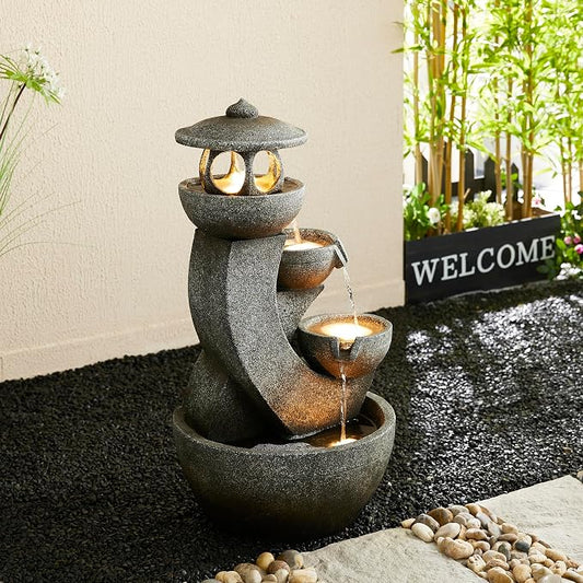 Glitzhome Pagoda Outdoor Water Fountain with LED Light, 4-Tier Oversized Cascading Stacked Stone Waterfall Fountains, Natural Stone Look Outdoor Fountain for Garden Patio Porch, 32”H