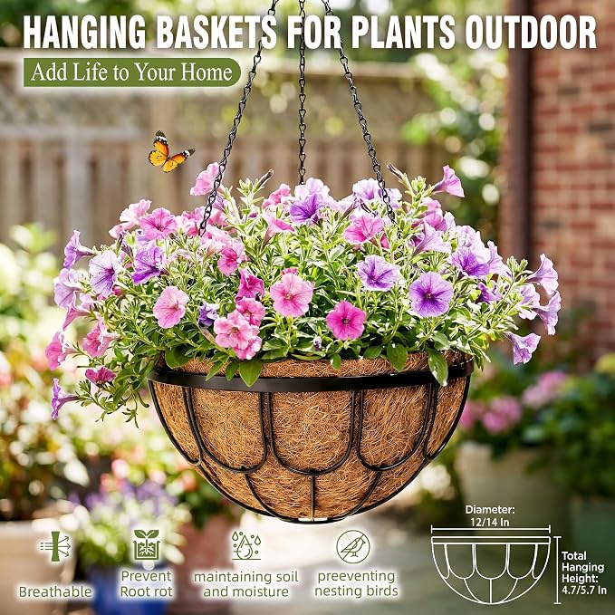 4 Pack 12 Inch Hanging Planters for Outdoor Plants, Large Metal Wire Hanging Flower Baskets with Coco Coir Liner, Black Hanging Plant Pots for Garden, Patio, Balcony & Indoor Home Decor