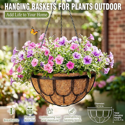 4 Pack 12 Inch Hanging Planters for Outdoor Plants, Large Metal Wire Hanging Flower Baskets with Coco Coir Liner, Black Hanging Plant Pots for Garden, Patio, Balcony & Indoor Home Decor