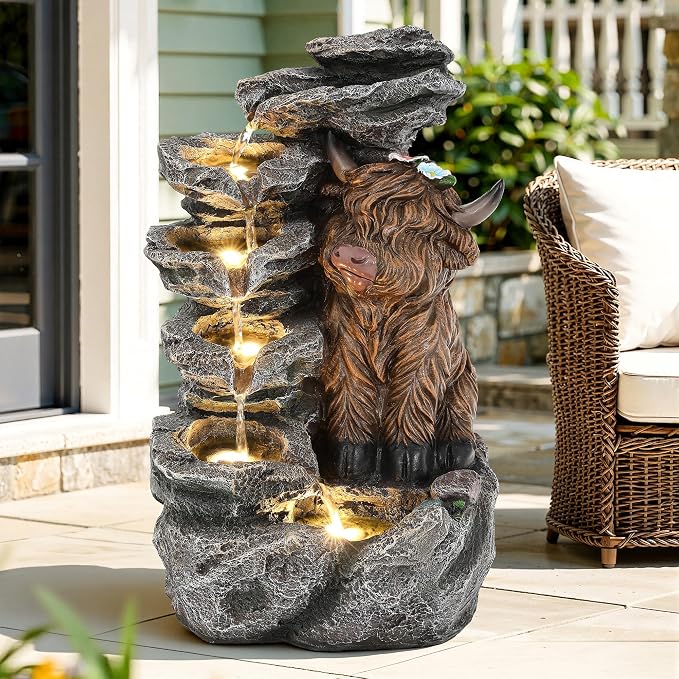19" Highland Cow Outdoor Fountain with LED Lights | 5-Tier Charming Water Feature , Pastoral Resin Soothing Cascading Waterfall for Patio, Backyard, Garden or Porch