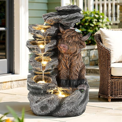 19" Highland Cow Outdoor Fountain with LED Lights | 5-Tier Charming Water Feature , Pastoral Resin Soothing Cascading Waterfall for Patio, Backyard, Garden or Porch