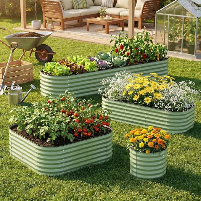 2 Pack Galvanized Raised Garden Bed 8x2 ft, 17" Tall Oval Metal Planter for Outdoors, 9 in 1 Modular Large Garden Bed Kits for Outdoor Vegetable Flowers - Olive Green