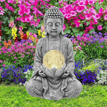 Nacome Meditating Buddha Statue with Solar Light,Zen Solar Garden Buddha with Cracked Glass Ball Sculpture-Indoor/Outdoor Decor for Balcony,Garden,Patio,Porch Yard Art Ornament,Gift