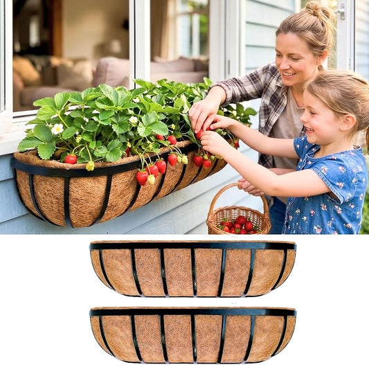LaLaGreen Deck Railing Planter Boxes for Plants (24 Inch, 2 Pack) Black Metal Wall Planters for Outdoor Plants, Window Flower Box Deck Railings with Coco Liner, Fence Balcony Patio Porch Over Rail