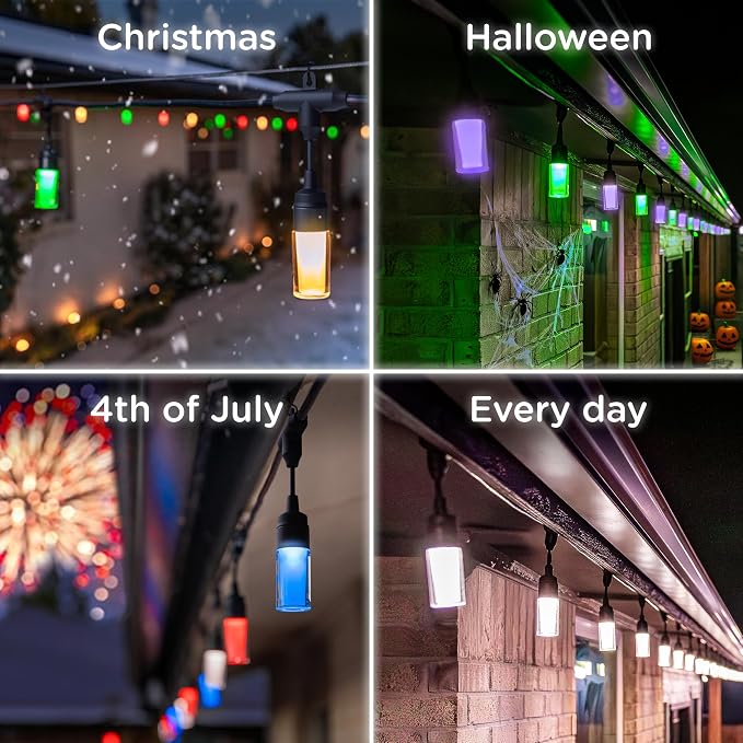 Enbrighten Vibe Modern Outdoor String Lights, 24ft, 12 RGBWIC Acrylic Bulbs, Weatherproof, Perfect for Gameday, Holidays, and More, Smart App Control, Compatible with Alexa, Google Home, 84014