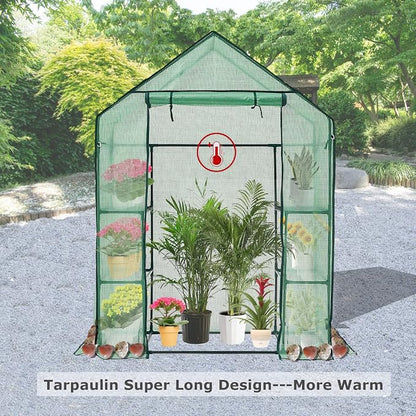 Purlyu Walk-in Greenhouse for Outdoors w/ Mesh Side Windows, 3 Tiers 6 Shelves PE Cover Green House Portable Warm House for Seedling Flowers Growing 20 Pcs T-Type Plant Tags Include (GHW001G)