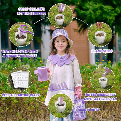 ROBUD Kid Gardening Set, Purple Wooden Garden Tool for Kid, Garden Tool Kit with Tool Storage Bag, Apron, Gloves, Montessori Toys for Kids to be Closed to Nature, WRP52
