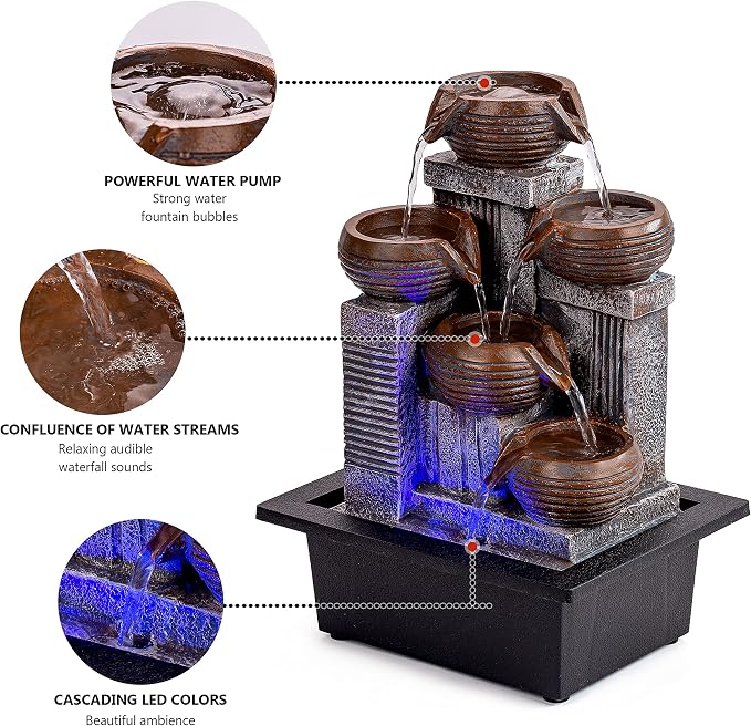 Father'sDen Collection Indoor Fountains and Waterfalls from 5-Tiered Pots-12”H Tabletop Water Fountain-Desk Fountain-Office Decor with Audible Calming Waterfall Sounds-Zen Fountain with Color Lights