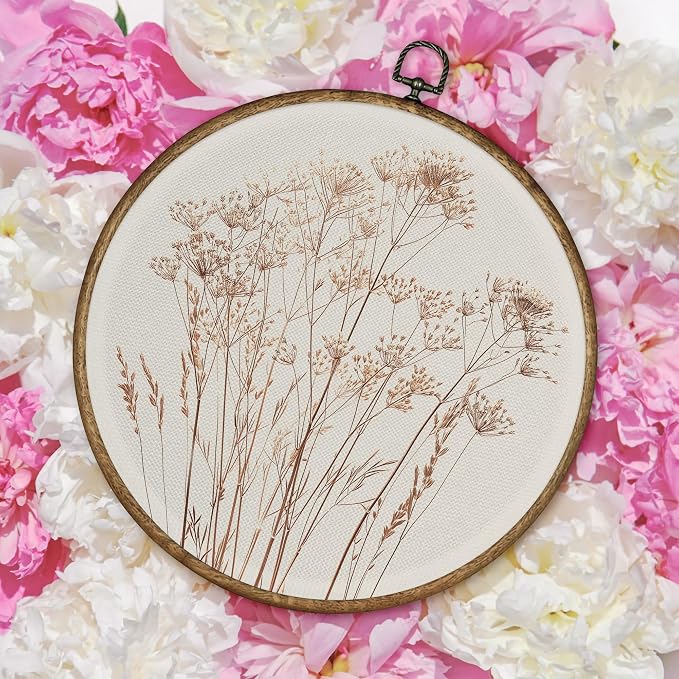 TLESKE Beige Rustic Fall Botanical Round Wall Art Decor, Boho Autumn Wildflower Floral Framed Canvas Prints Wall Art Artwork, Neutral Vintage Wall Hanging Door Decor Decorations for Bedroom Living Room Farmhouse 10x10