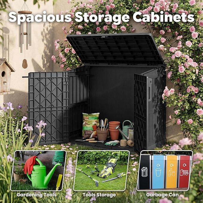 LHBcraft Waterproof Outdoor Storage Box 36 Cu Ft with Lockable Doors, Portable Horizontal Resin Storage Shed, Outdoor Storage Cabinet for Backyards