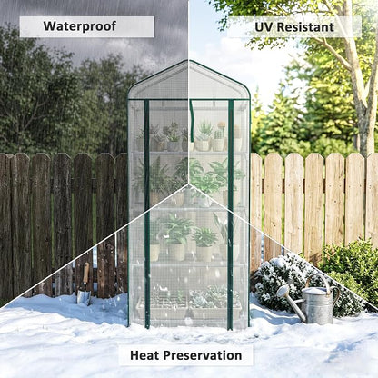 Outsunny 4 Tier Mini Greenhouse with Screen Roof, 27.6" x 19.7" x 62.2", Portable Small Greenhouse with High Strength PE Cover, Roll-Up Zipper Door for Garden Yard Backyard, White