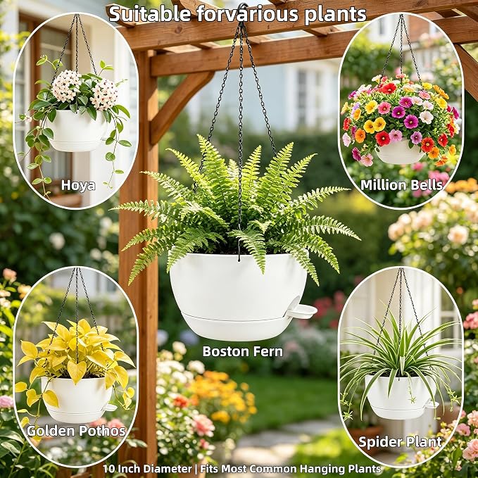 2 Pack 10 Inch Self Watering Hanging Planters for Indoor Plants, Large White Plastic Hanging Pots with Chains for Outdoor Patio Garden Home Decor (White)