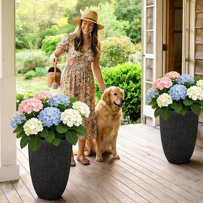 2-Pack 19" Black Resin Tall Round Planters with Fluted Texture | Set of 2 resin tall planters with black fluted texture, drainage plugs, and UV-resistant finish for porch or patio