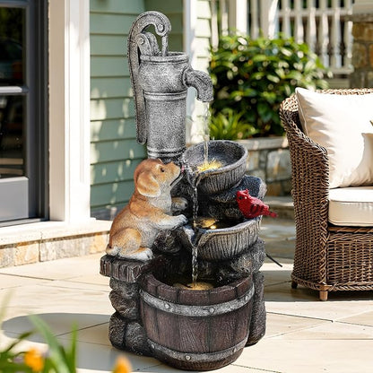 30" Puppy & Red Bird Outdoor Fountain, 3-Tier Pastoral Water Feature with LED Lights, Resin Two Bowls & Wooden Barrel Soothing Cascading Waterfall for Patio, Backyard, Garden | Pastoral Two Bowls & Wooden Barrel Water Feature Outdoor, 3-Tiers Soothing ...