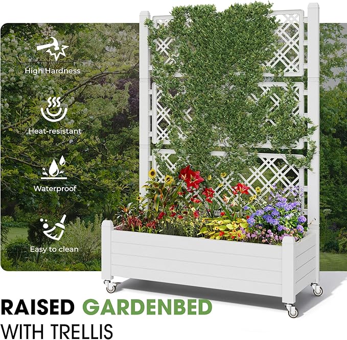 Fancyango Raised Garden Bed with Wheels 61.2" H -Ashen | Resin Elevated Garden Planter Box with Trellis, Outdoor Planter Box for Veggies Herbs Patio Balcony Backyard