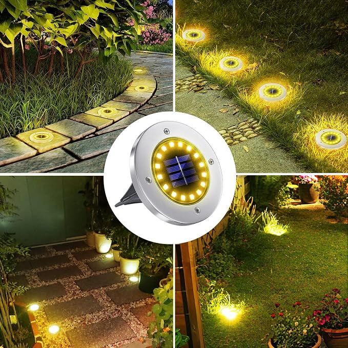 NFESOLAR Solar Ground Lights Outdoor with 16 LEDs Warm White 16 Pack | IP65 Waterproof, Stainless Steel Shell, Wire-Free, Easy to Use for Outdoor Garden Yard Lawn Pathway Walkway