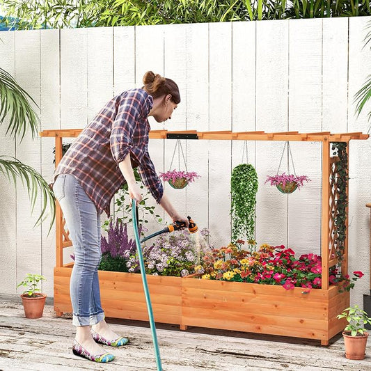 ORALNER Raised Garden Bed with Trellis, Wooden Planter Box with Climbing Frame, Outdoor Elevated Garden Box for Vegetables, Herbs, Flowers, Fruits (Large)